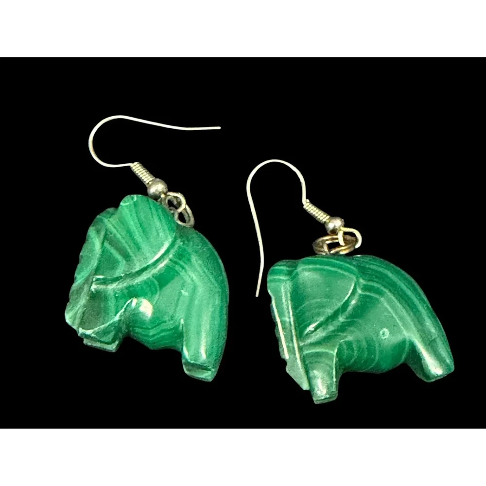 Vintage Genuine Carved Green Malachite Elephant Dangle Drop Earrings Good Luck